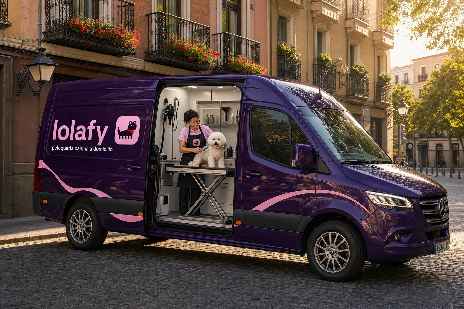 Furgoneta Lolafy vinilada en eggplant y pink aparcada en una calle de Madrid, con la puerta abierta mostrando una groomer atendiendo a un Bichón