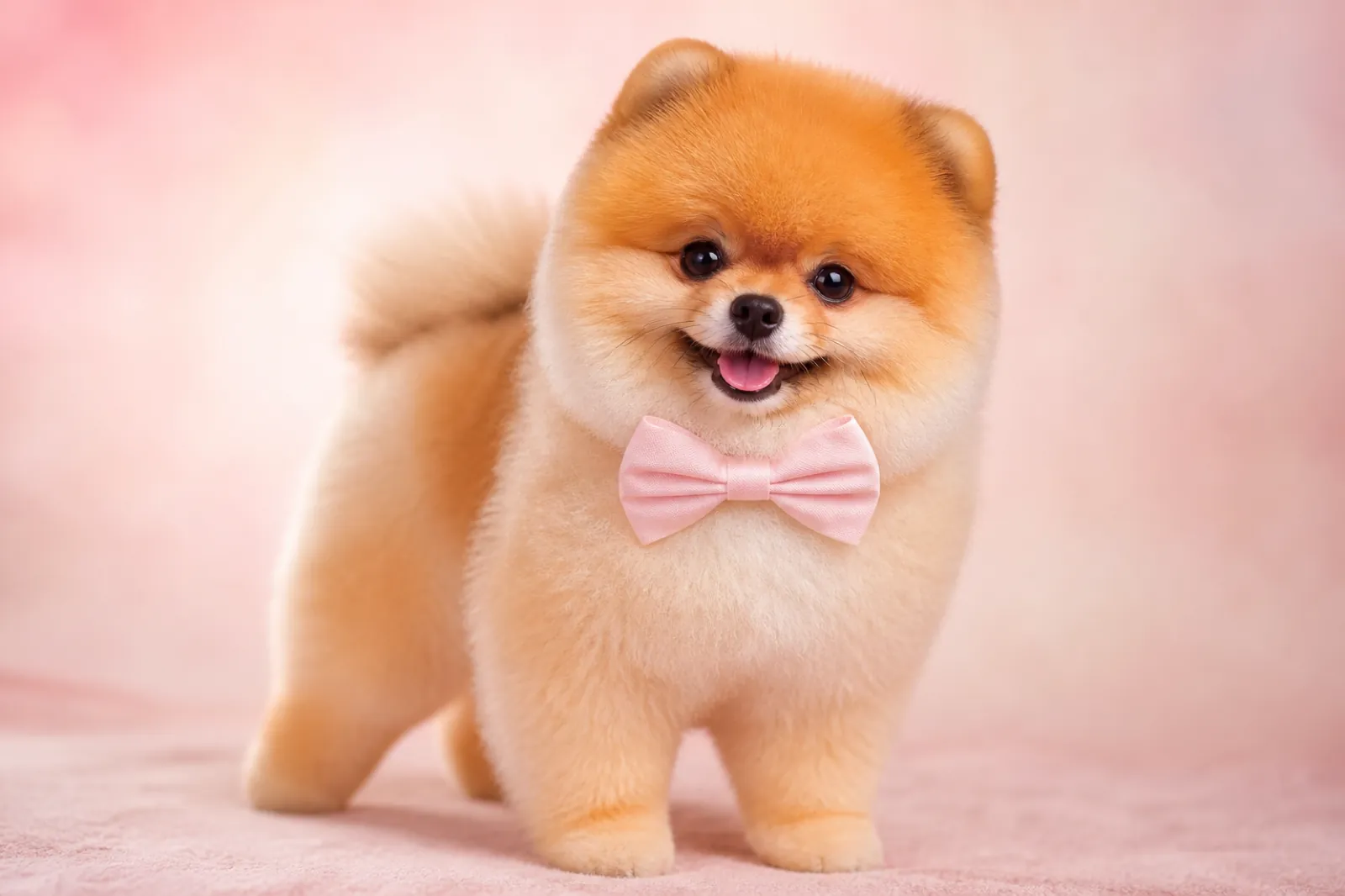 Pomerania recien peluqueado con lazo rosa
